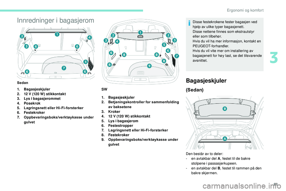 Peugeot 508 2018 Brukerhåndbok (in Norwegian) 81
Innredninger i bagasjerom
1.Bagasjeskjuler
2. 12 V (120 W) stikkontakt
3. Lys i bagasjerommet
4. Posekrok
5. Lagringsnett eller Hi- Fi-forsterker
6. Festekroker
7. Oppbevaringsboks/verktøykasse un Peugeot 508 2018 Brukerhåndbok (in Norwegian) 81
Innredninger i bagasjerom
1.Bagasjeskjuler
2. 12 V (120 W) stikkontakt
3. Lys i bagasjerommet
4. Posekrok
5. Lagringsnett eller Hi- Fi-forsterker
6. Festekroker
7. Oppbevaringsboks/verktøykasse un