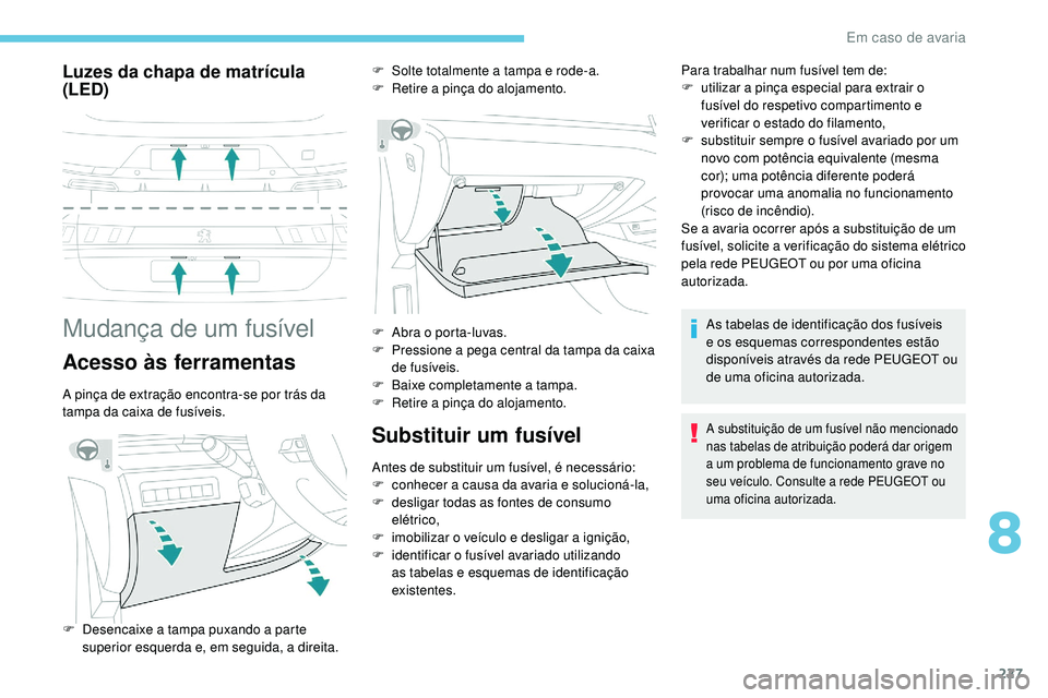 Peugeot 508 2018  Instrukcja Obsługi (in Polish) 227
Luzes da chapa de matrícula 
(LED)
Mudança de um fusível
Acesso às ferramentas
A pinça de extração encontra-se por trás da 
tampa da caixa de fusíveis.
Substituir um fusível
Antes de sub