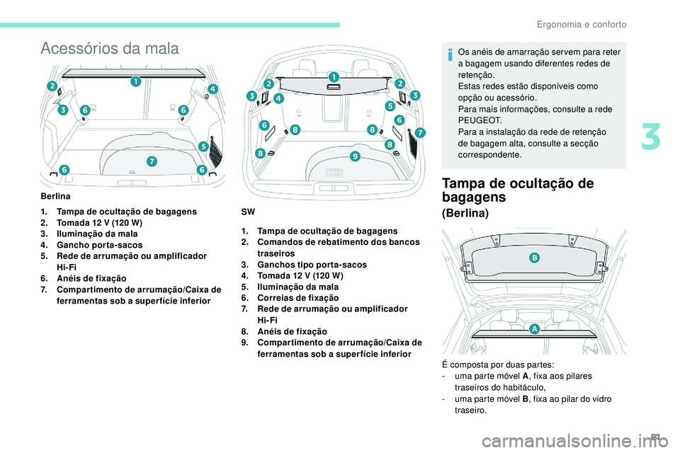 Peugeot 508 2018 Instrukcja Obsługi (in Polish) 81
Acessórios da mala
1.Tampa de ocultação de bagagens
2. Tomada 12 V (120 W)
3. Iluminação da mala
4. Gancho porta-sacos
5. Rede de arrumação ou amplificador
Hi-Fi
6. Anéis de fixação
7. C Peugeot 508 2018 Instrukcja Obsługi (in Polish) 81
Acessórios da mala
1.Tampa de ocultação de bagagens
2. Tomada 12 V (120 W)
3. Iluminação da mala
4. Gancho porta-sacos
5. Rede de arrumação ou amplificador
Hi-Fi
6. Anéis de fixação
7. C