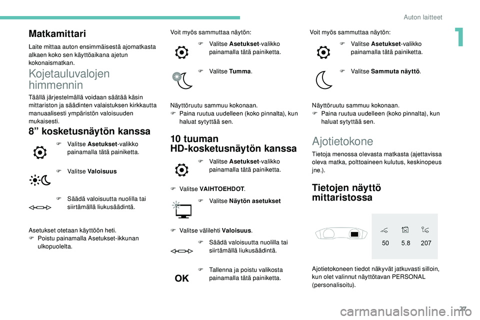 Peugeot 508 2018  Omistajan käsikirja (in Finnish) 27
Matkamittari
Laite mittaa auton ensimmäisestä ajomatkasta 
alkaen koko sen käyttöaikana ajetun 
kokonaismatkan.
Kojetauluvalojen 
himmennin
Täällä järjestelmällä voidaan säätää käsin