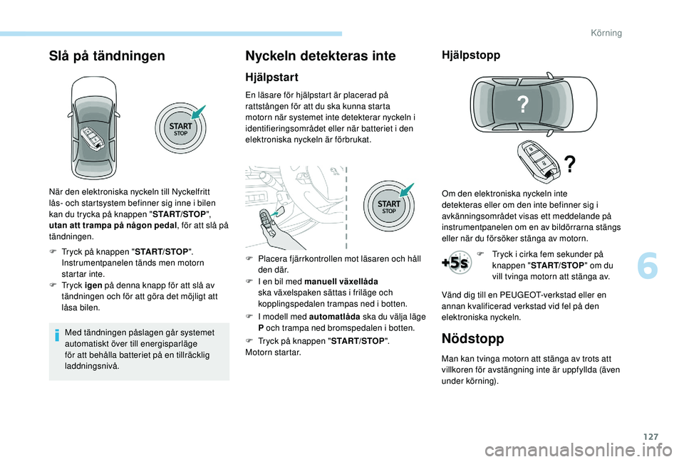 Peugeot 508 2018 Ägarmanual (in Swedish) 127
Slå på tändningen
Med tändningen påslagen går systemet
automatiskt över till energisparläge
för att behålla batteriet på en tillräcklig
laddningsnivå.
Nyckeln detekteras inte
Hjäl Peugeot 508 2018 Ägarmanual (in Swedish) 127
Slå på tändningen
Med tändningen påslagen går systemet
automatiskt över till energisparläge
för att behålla batteriet på en tillräcklig
laddningsnivå.
Nyckeln detekteras inte
Hjäl