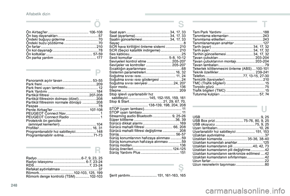 Peugeot 508 2018  Kullanım Kılavuzu (in Turkish) 248
Ö
Ön Airbag'ler .........................................10 6 -108
Ön baş dayanakları  ......................................... 57
Ö
ndeki buğuyu giderme  
............................