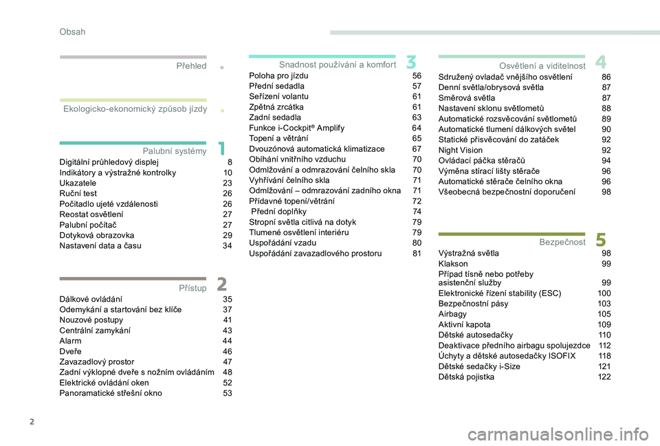 Peugeot 508 2018  Návod k obsluze (in Czech) 2
.
.
Digitální průhledový displej 8
I ndikátory a   výstražné kontrolky  1 0
Ukazatele
 2

3
Ruční test
 
2
 6
Počitadlo ujeté vzdálenosti
 
2
 6
Reostat osvětlení
 
2
 7
Palubní poč