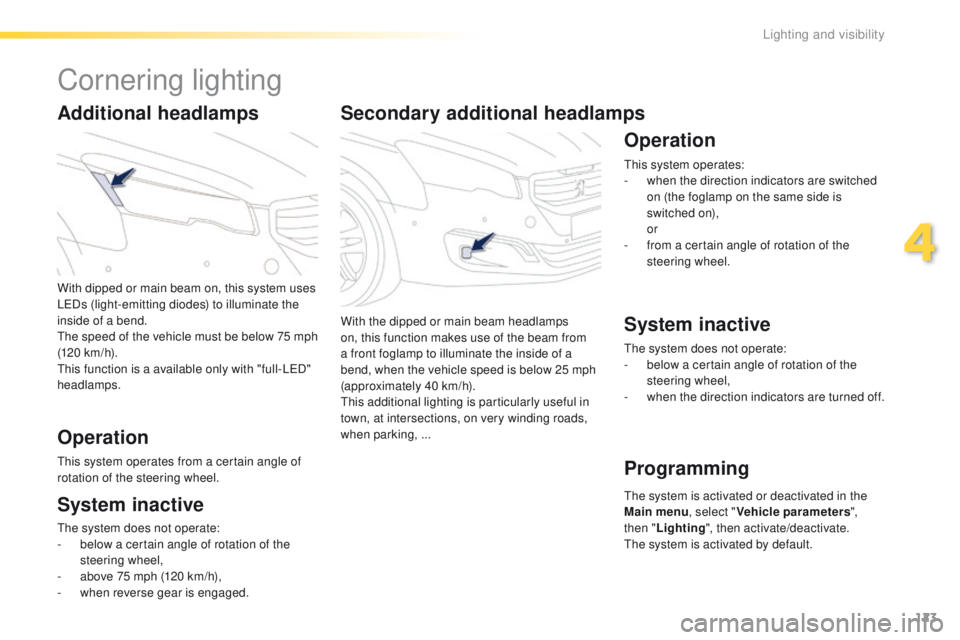 Peugeot 508 2016 Owners Manual 123
508_en_Chap04_eclairage-et-visibilite_ed01-2016
Secondary additional headlamps
With the dipped or main beam headlamps
on, this function makes use of the beam from
a front foglamp to illuminate t Peugeot 508 2016 Owners Manual 123
508_en_Chap04_eclairage-et-visibilite_ed01-2016
Secondary additional headlamps
With the dipped or main beam headlamps
on, this function makes use of the beam from
a front foglamp to illuminate t