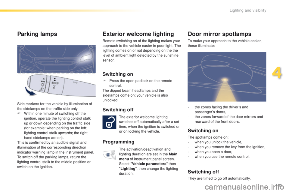 Peugeot 508 2016 Owners Manual 125
508_en_Chap04_eclairage-et-visibilite_ed01-2016
Exterior welcome lighting
Remote switching on of the lighting makes your
approach to the vehicle easier in poor light. th e
lighting comes on or n Peugeot 508 2016 Owners Manual 125
508_en_Chap04_eclairage-et-visibilite_ed01-2016
Exterior welcome lighting
Remote switching on of the lighting makes your
approach to the vehicle easier in poor light. th e
lighting comes on or n