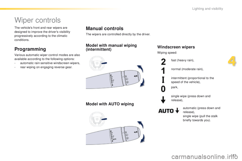 Peugeot 508 2016 Owners Manual 127
508_en_Chap04_eclairage-et-visibilite_ed01-2016
Wiper controls
Programming
Various automatic wiper control modes are also
available according to the following options:
-
a
utomatic rain sensitiv Peugeot 508 2016 Owners Manual 127
508_en_Chap04_eclairage-et-visibilite_ed01-2016
Wiper controls
Programming
Various automatic wiper control modes are also
available according to the following options:
-
a
utomatic rain sensitiv