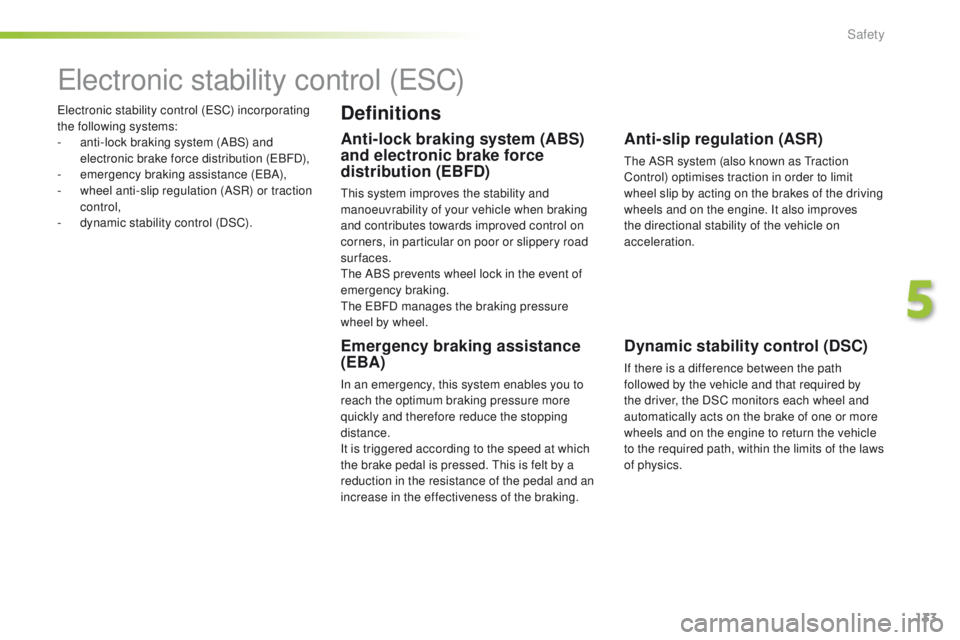 Peugeot 508 2016  Owners Manual 133
508_en_Chap05_securite_ed01-2016
electronic stability control (eSC) incorporating 
the following systems:
-
 
a
 nti-lock braking system (ABS) and 
electronic brake force distribution (
eB

FD),
-