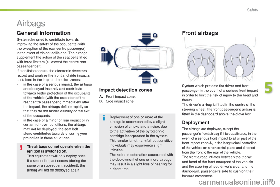 Peugeot 508 2016  Owners Manual 139
508_en_Chap05_securite_ed01-2016
Airbags
General information
System designed to contribute towards 
improving the safety of the occupants (with 
the exception of the rear centre passenger) 
in the