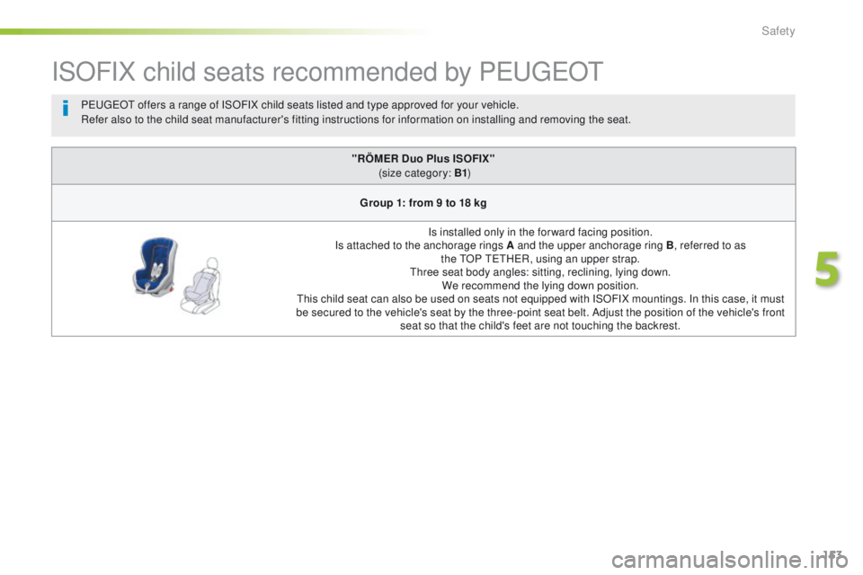 Peugeot 508 2016 Owners Manual 153
508_en_Chap05_securite_ed01-2016
ISOFIX child seats recommended by PeugeOt
"RÖMER Duo Plus ISOFIX"
(size category: B1 )
Group 1: from 9 to 18 kg Is installed only in the forward facing Peugeot 508 2016 Owners Manual 153
508_en_Chap05_securite_ed01-2016
ISOFIX child seats recommended by PeugeOt
"RÖMER Duo Plus ISOFIX"
(size category: B1 )
Group 1: from 9 to 18 kg Is installed only in the forward facing