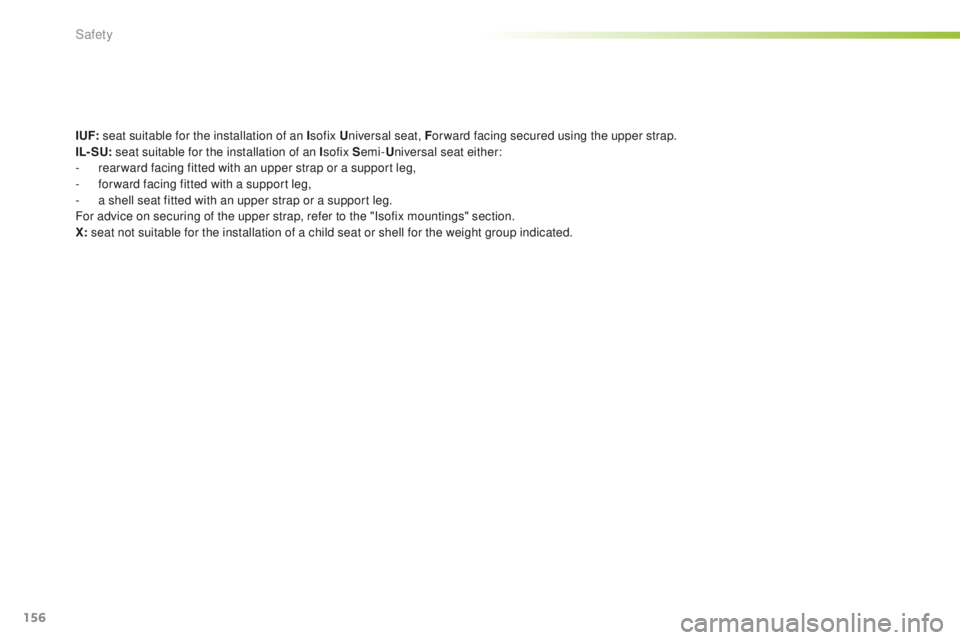 Peugeot 508 2016 Owners Manual 156
508_en_Chap05_securite_ed01-2016
I UF: seat suitable for the installation of an I sofix Universal seat, F or ward facing secured using the upper strap.
IL- SU: seat suitable for the installation Peugeot 508 2016 Owners Manual 156
508_en_Chap05_securite_ed01-2016
I UF: seat suitable for the installation of an I sofix Universal seat, F or ward facing secured using the upper strap.
IL- SU: seat suitable for the installation