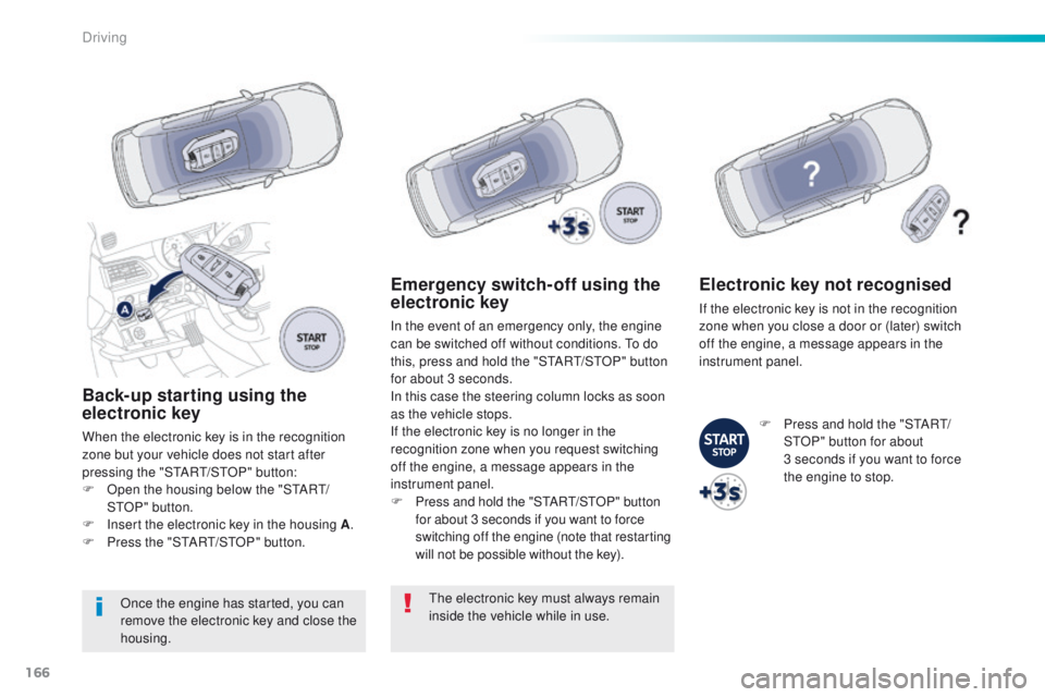 Peugeot 508 2016 Owners Manual 166
508_en_Chap06_conduite_ed01-2016
Back-up starting using the
electronic key
When the electronic key is in the recognition
zone but your vehicle does not start after
pressing the "S
tA
R
t/
Peugeot 508 2016 Owners Manual 166
508_en_Chap06_conduite_ed01-2016
Back-up starting using the
electronic key
When the electronic key is in the recognition
zone but your vehicle does not start after
pressing the "S
tA
R
t/