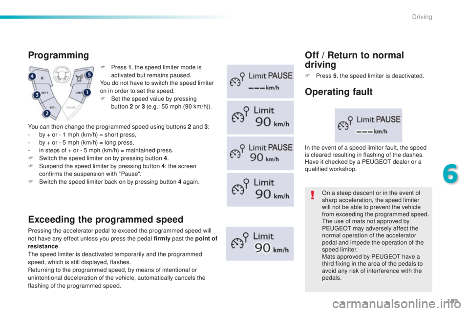 Peugeot 508 2016 Owners Manual 189
508_en_Chap06_conduite_ed01-2016
F Press 1, t he speed limiter mode is
activated but remains paused.
You do not have to switch the speed limiter
on in order to set the speed.
F
S
et the speed Peugeot 508 2016 Owners Manual 189
508_en_Chap06_conduite_ed01-2016
F Press 1, t he speed limiter mode is
activated but remains paused.
You do not have to switch the speed limiter
on in order to set the speed.
F
S
et the speed