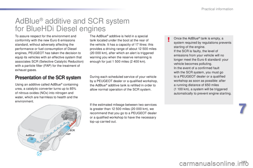 Peugeot 508 2016  Owners Manual 223
508_en_Chap07_info-pratiques_ed01-2016
AdBlue® additive and SCR system
for BlueHDi Diesel engines
to assure respect for the environment and 
conformity with the new 
eu ro 6 emissions 
standard, 