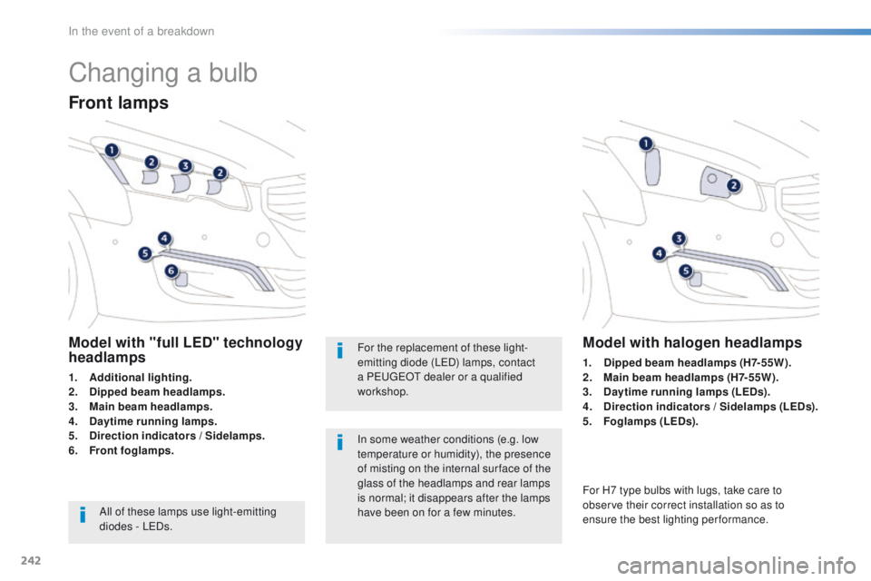 Peugeot 508 2016  Owners Manual 242
508_en_Chap08_en-cas-de-pannes_ed01-2016
Changing a bulb
Front lamps
Model with "full LED" technology 
headlamps
1. Additional lighting.
2. Dipped beam headlamps.
3.
 M

ain beam headlamps