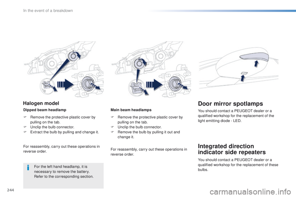 Peugeot 508 2016  Owners Manual 244
508_en_Chap08_en-cas-de-pannes_ed01-2016
Main beam headlamps
F 
R
 emove the protective plastic cover by 
pulling on the tab.
F
  u
n
 clip the bulb connector.
F
 
R
 emove the bulb by pulling it 