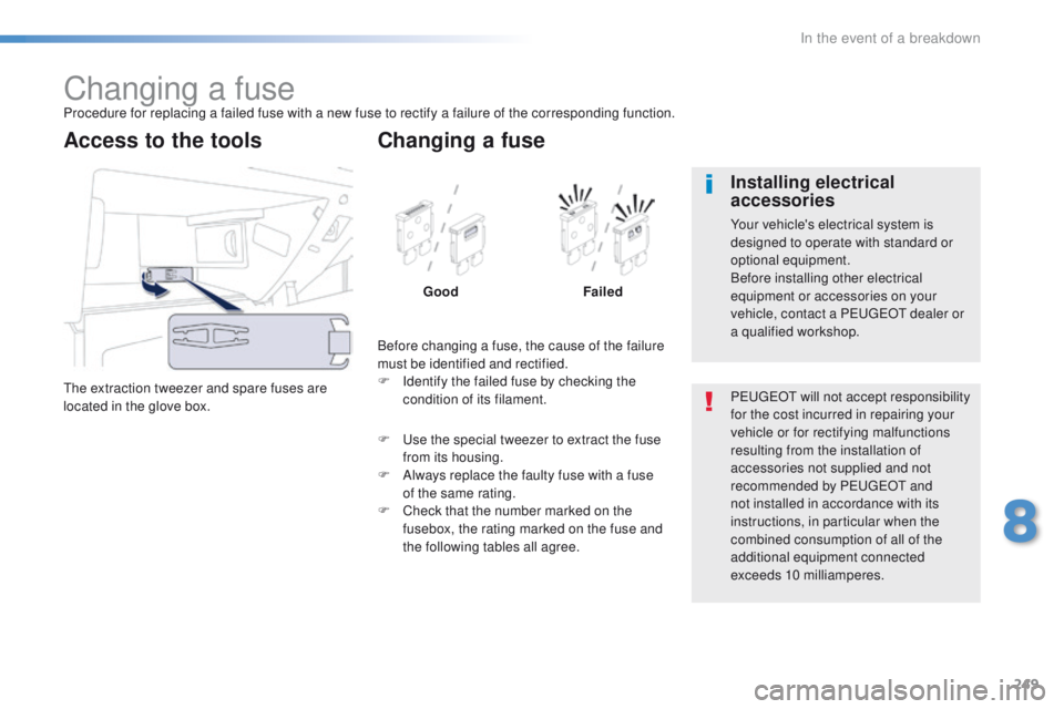 Peugeot 508 2016  Owners Manual 249
508_en_Chap08_en-cas-de-pannes_ed01-2016
Changing a fuseProcedure for replacing a failed fuse with a new fuse to rectify a failure of the corresponding function.
th
e extraction tweezer and spare 