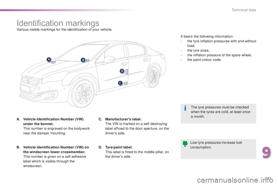 Peugeot 508 2016  Owners Manual 273
508_en_Chap09_caracteristiques-techniques_ed01-2016
Identification markingsVarious visible markings for the identification of your vehicle.
A.
 V
ehicle Identification Number (VIN) 
under the bonn