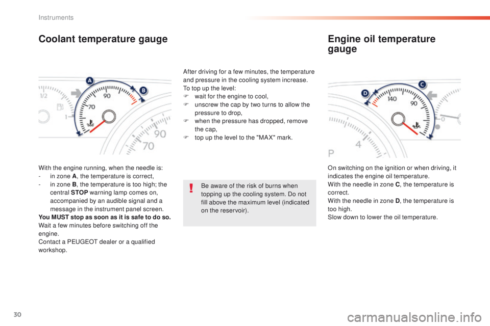 Peugeot 508 2016  Owners Manual 30
508 _en_Chap01_instrument-bord_ed01-2016
Coolant temperature gauge
With the engine running, when the needle is:
- i n zone A , the temperature is correct,
-
 
i
 n zone B, the temperature is too hi