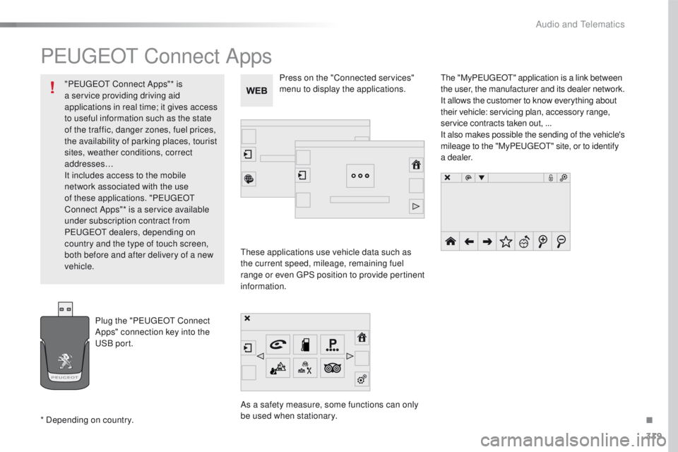 Peugeot 508 2016 Owners Manual 319
508_en_Chap10c_SMegplus_ed01-2016
PeugeOt Connect Apps
these applications use vehicle data such as
the current speed, mileage, remaining fuel
range or even
g
P
S position to provide pertinent Peugeot 508 2016 Owners Manual 319
508_en_Chap10c_SMegplus_ed01-2016
PeugeOt Connect Apps
these applications use vehicle data such as
the current speed, mileage, remaining fuel
range or even
g
P
S position to provide pertinent