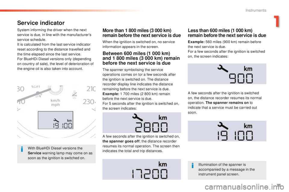 Peugeot 508 2016 Owners Guide 33
508 _en_Chap01_instrument-bord_ed01-2016
Service indicator
More than 1 800 miles (3 000 km)
remain before the next service is due
When the ignition is switched on, no service
information appears Peugeot 508 2016 Owners Guide 33
508 _en_Chap01_instrument-bord_ed01-2016
Service indicator
More than 1 800 miles (3 000 km)
remain before the next service is due
When the ignition is switched on, no service
information appears