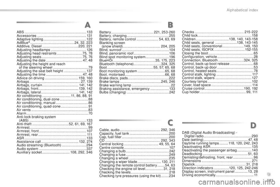 Peugeot 508 2016 Owners Manual 353
508_en_Chap11_index-alpha_ed01-2016
ABS ...............................................................13 3
Accessories .................................................. 131
Adaptive lighting
Peugeot 508 2016 Owners Manual 353
508_en_Chap11_index-alpha_ed01-2016
ABS ...............................................................13 3
Accessories .................................................. 131
Adaptive lighting
