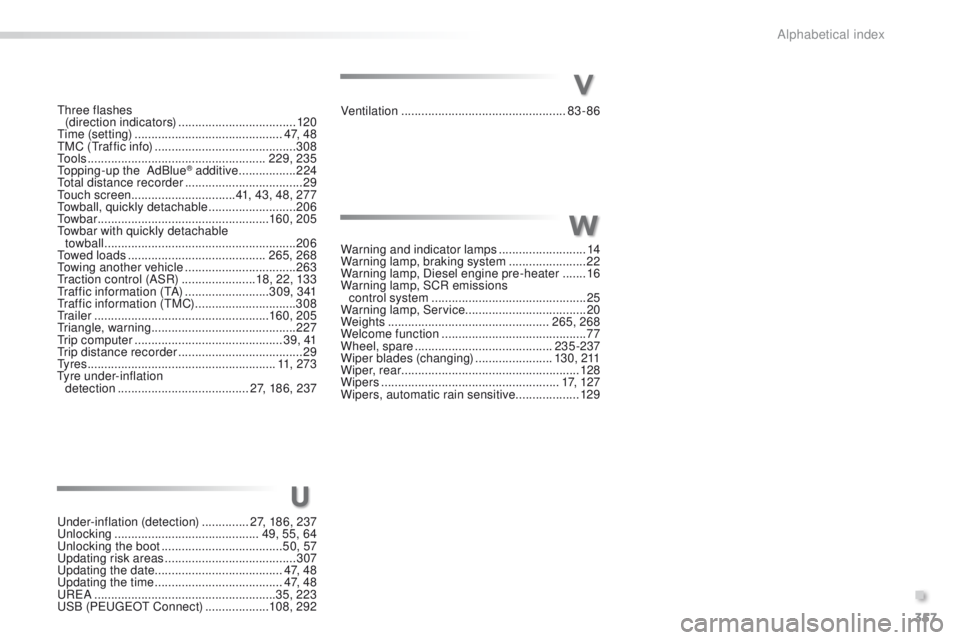 Peugeot 508 2016  Owners Manual 357
508_en_Chap11_index-alpha_ed01-2016
three flashes  (direction indicators)  ...................................120
tim

e (setting)
 ..............................
 ..............4 7,  4 8
tM

C (
