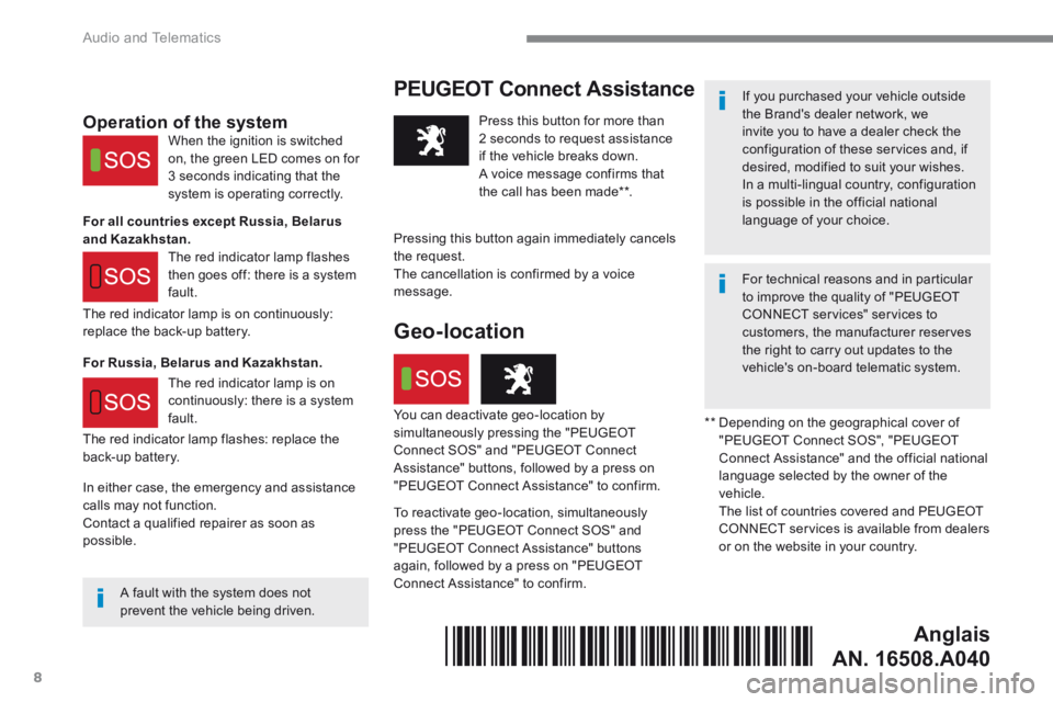 Peugeot 508 2016  Owners Manual  Audio and Telematics 
8
508-additif_en_Chap10a_BTA-2_BTA-3R_ed01-2016
  PEUGEOT  Connect  Assistance    If you purchased your vehicle outside the Brands dealer network, we invite you to have a deale