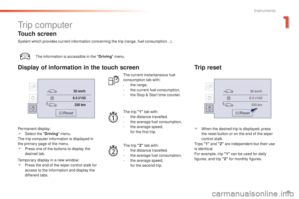 Peugeot 508 2016  Owners Manual 41
508 _en_Chap01_instrument-bord_ed01-2016
tr i p  c o m p u t e r
the information is accessible in the "Driving" menu.
Permanent display:
F
 
Sel

ect the " Driving" menu.
th

e trip