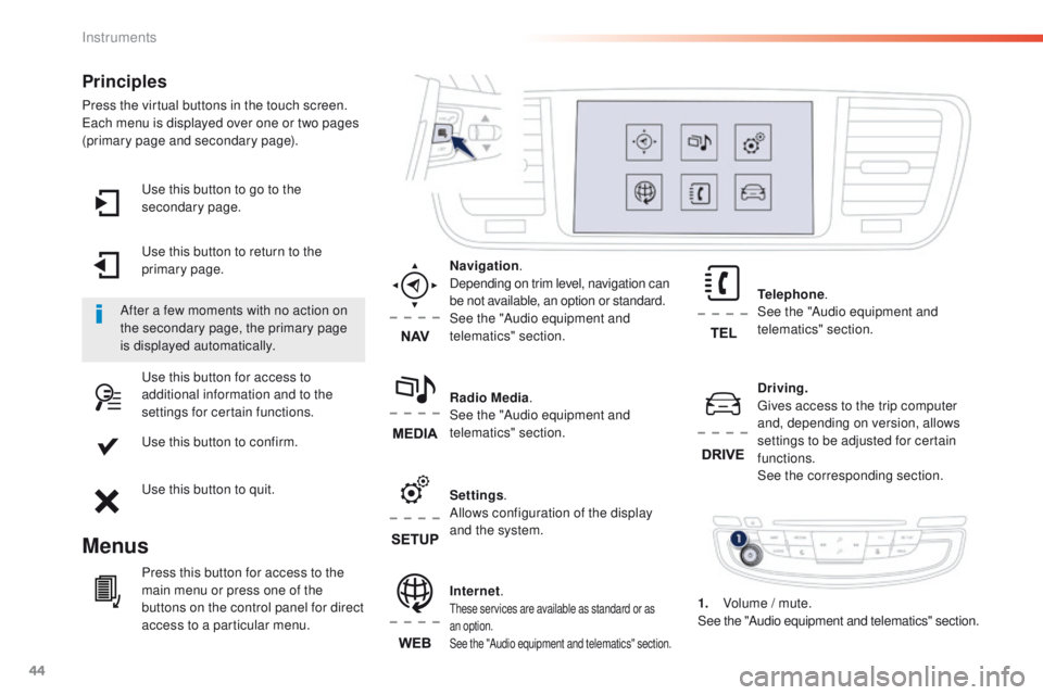 Peugeot 508 2016  Owners Manual 44
508 _en_Chap01_instrument-bord_ed01-2016
use this button to go to the 
secondary page.
us
e this button to return to the 
primary page.
us

e this button for access to 
additional information and t