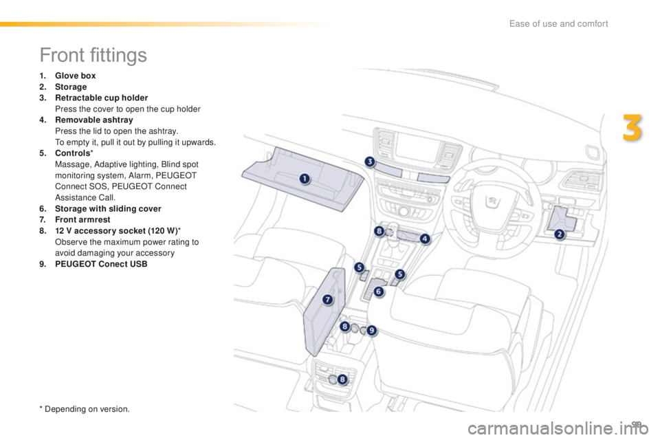 Peugeot 508 2016  Owners Manual - RHD (UK, Australia) 99
Front fittings
1. Glove box
2. Storage
3.
 R

etractable cup holder  
 P

ress the cover to open the cup holder
4.
 Re

movable ashtray  
 P

ress the lid to open the ashtray.
 

t
o e
 mpty it, pu