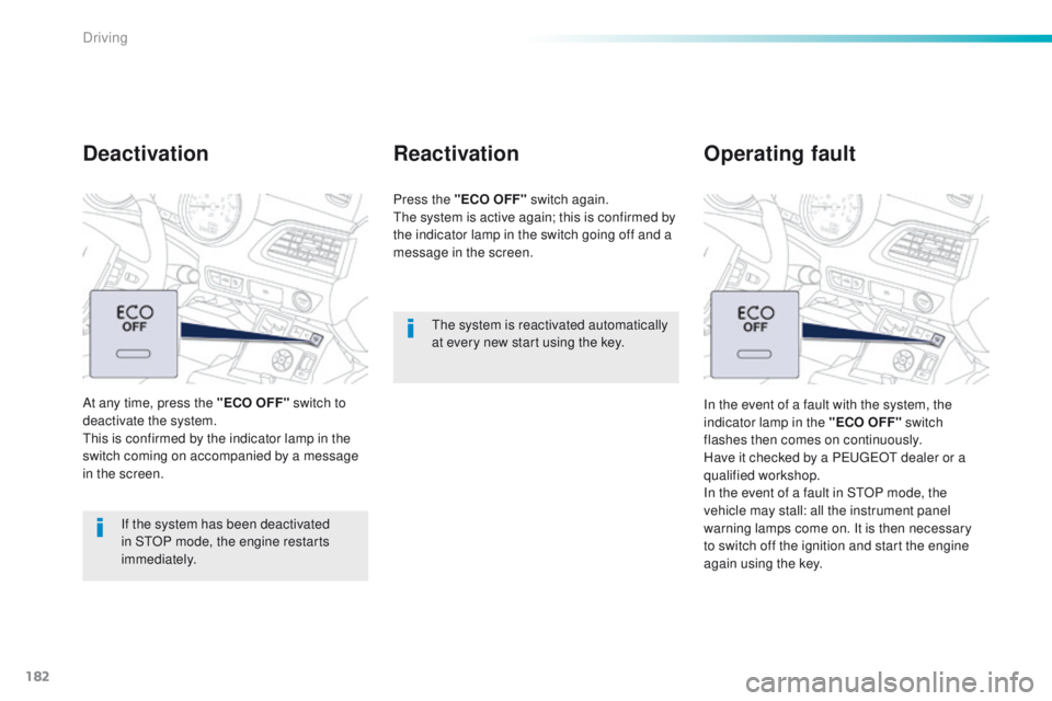 Peugeot 508 2016 Owners Manual - RHD (UK, Australia) 182
the system is reactivated automatically
at every new start using the key.
Reactivation
Press the "ECO OFF" switch again.the system is active again; this is confirmed by
the indicator lam Peugeot 508 2016 Owners Manual - RHD (UK, Australia) 182
the system is reactivated automatically
at every new start using the key.
Reactivation
Press the "ECO OFF" switch again.the system is active again; this is confirmed by
the indicator lam