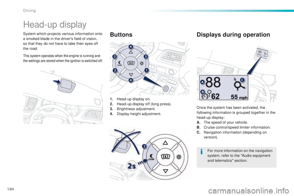 Peugeot 508 2016 Owners Manual - RHD (UK, Australia) 184
Head-up display
System which projects various information onto
a smoked blade in the driver's field of vision,
so that they do not have to take their eyes off
the road.1.
H
ead-up display Peugeot 508 2016 Owners Manual - RHD (UK, Australia) 184
Head-up display
System which projects various information onto
a smoked blade in the driver's field of vision,
so that they do not have to take their eyes off
the road.1.
H
ead-up display