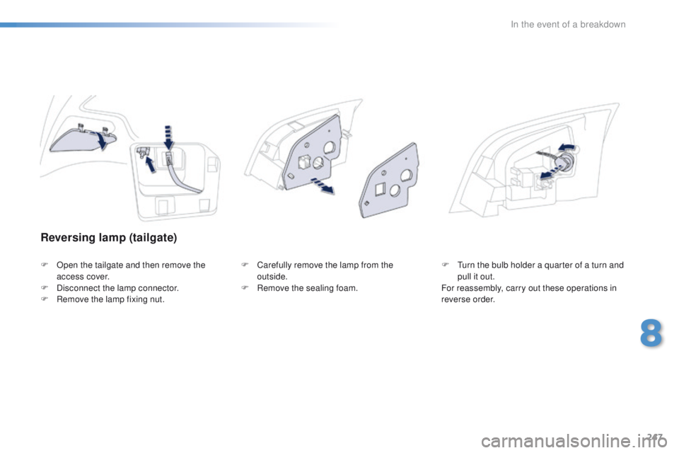Peugeot 508 2016  Owners Manual - RHD (UK, Australia) 247
Reversing lamp (tailgate)
F Open the tailgate and then remove the access cover.
F
 
D
 isconnect the lamp connector.
F
 
R
 emove the lamp fixing nut. F
 C arefully remove the lamp from the 
outsi