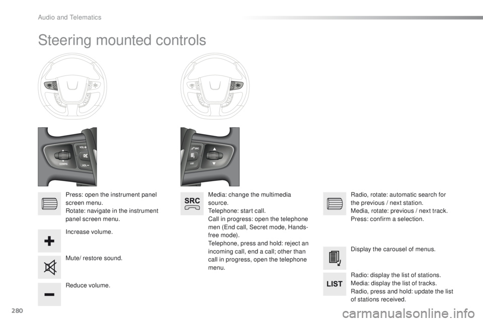 Peugeot 508 2016  Owners Manual - RHD (UK, Australia) 280
Steering mounted controls
Press: open the instrument panel 
screen menu.
Rotate: navigate in the instrument 
panel screen menu.
Increase volume.
Reduce volume.Media: change the multimedia 
source.