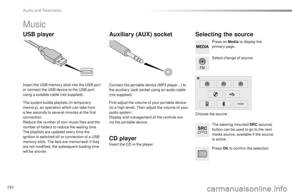 Peugeot 508 2016  Owners Manual - RHD (UK, Australia) 292
Music
USB playerSelecting the source
the steering mounted SRC (s o u r c e) 
button can be used to go to the next 
media source, available if the source 
is active. Select change of source. Press 