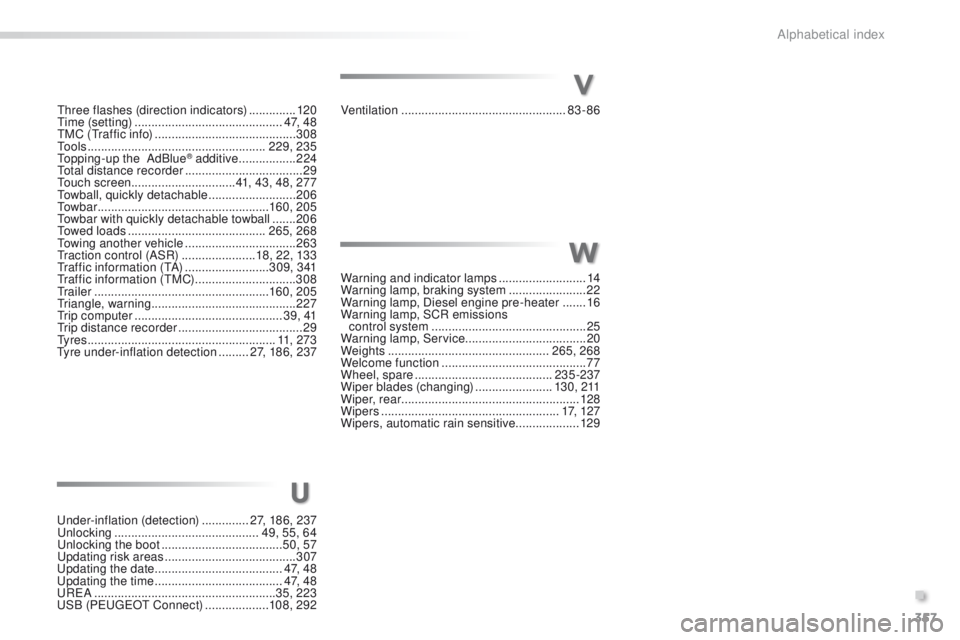 Peugeot 508 2016  Owners Manual - RHD (UK, Australia) 357
three flashes (direction indicators) ..............120tim
e (setting) .............................. ..............4 7,  4 8
tM

C (
tr
 affic info)  
.......................................... 3

