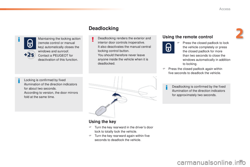 Peugeot 508 2016  Owners Manual - RHD (UK, Australia) 51
Maintaining the locking action 
(remote control or manual 
key) automatically closes the 
windows and sunroof.
Contact a P
e
uge
Ot
  for 
deactivation of this function.
Locking is confirmed by fix