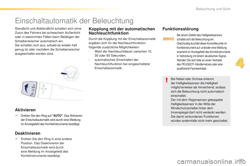 Peugeot 508 2016  Betriebsanleitung (in German) 121
508_de_Chap04_eclairage-et-visibilite_ed01-2016
Bei Nebel oder Schnee erkennt 
der Helligkeitssensor die Helligkeit 
möglicherweise als hinreichend, sodass 
sich die Beleuchtung nicht automatisch