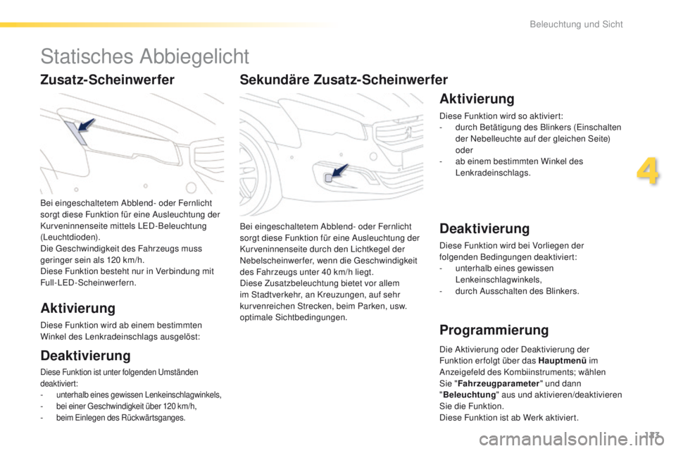 Peugeot 508 2016  Betriebsanleitung (in German) 123
508_de_Chap04_eclairage-et-visibilite_ed01-2016
Sekundäre Zusatz-Scheinwerfer
Bei eingeschaltetem Abblend- oder Fernlicht 
sorgt diese Funktion für eine Ausleuchtung der 
Kurveninnenseite durch 