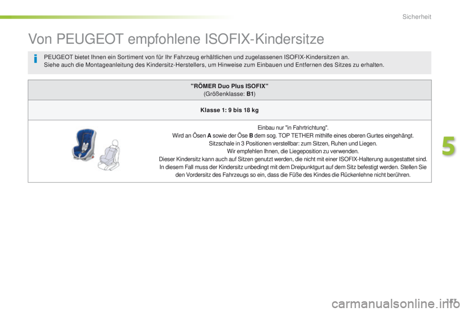 Peugeot 508 2016 Betriebsanleitung (in German) 153
508_de_Chap05_securite_ed01-2016
Von PeugeOt empfohlene ISOFIX-Kindersitze
"RÖMER Duo Plus ISOFIX"
(gr ößenklasse: B1 )
Klasse 1: 9 bis 18 kg
einbau nur "in Fahrtrichtung".
Wir Peugeot 508 2016 Betriebsanleitung (in German) 153
508_de_Chap05_securite_ed01-2016
Von PeugeOt empfohlene ISOFIX-Kindersitze
"RÖMER Duo Plus ISOFIX"
(gr ößenklasse: B1 )
Klasse 1: 9 bis 18 kg
einbau nur "in Fahrtrichtung".
Wir