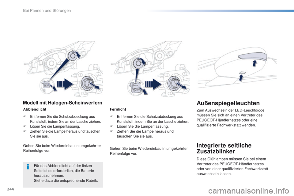 Peugeot 508 2016  Betriebsanleitung (in German) 244
508_de_Chap08_en-cas-de-pannes_ed01-2016
Fernlicht
F  e
n
 tfernen Sie die Schutzabdeckung aus 
Kunststoff, indem Sie an der Lasche ziehen.
F
 
L
 ösen Sie die Lampenfassung.
F
 
Z
 iehen Sie die