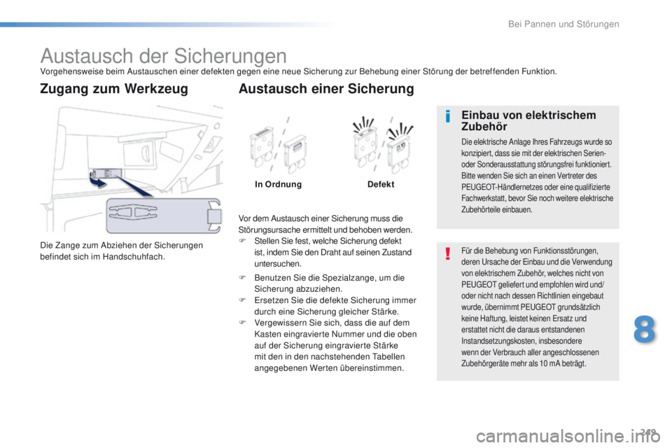 Peugeot 508 2016 Betriebsanleitung (in German) 249
508_de_Chap08_en-cas-de-pannes_ed01-2016
Austausch der SicherungenVorgehensweise beim Austauschen einer defekten gegen eine neue Sicherung zur Behebung einer Störung der betreffenden Funktion.
Di Peugeot 508 2016 Betriebsanleitung (in German) 249
508_de_Chap08_en-cas-de-pannes_ed01-2016
Austausch der SicherungenVorgehensweise beim Austauschen einer defekten gegen eine neue Sicherung zur Behebung einer Störung der betreffenden Funktion.
Di