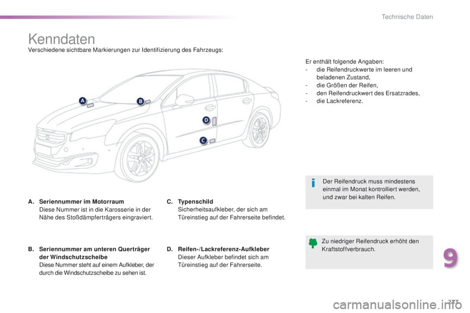 Peugeot 508 2016  Betriebsanleitung (in German) 273
508_de_Chap09_caracteristiques-techniques_ed01-2016
KenndatenVerschiedene sichtbare Markierungen zur Identifizierung des Fahrzeugs:
A.
 S
eriennummer im Motorraum  
 D

iese Nummer ist in die Karo