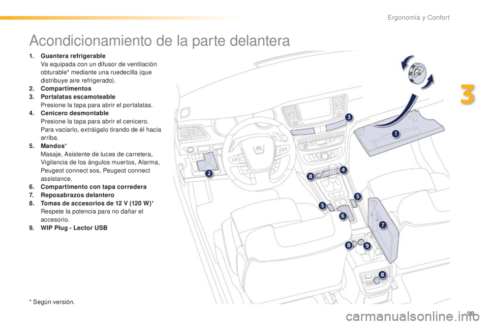 Peugeot 508 2016 Manual del propietario (in Spanish) 99
508_es_Chap03_ergonomie-et-confort_ed01-2016
Acondicionamiento de la parte delantera
1. Guantera refrigerable Va e
quipada con un difusor de ventilación
obturable* mediante una ruedecilla (que
Peugeot 508 2016 Manual del propietario (in Spanish) 99
508_es_Chap03_ergonomie-et-confort_ed01-2016
Acondicionamiento de la parte delantera
1. Guantera refrigerable Va e
quipada con un difusor de ventilación
obturable* mediante una ruedecilla (que