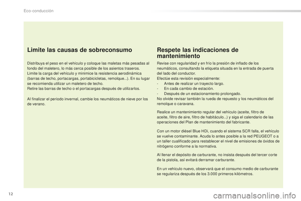 Peugeot 508 2016  Manual del propietario (in Spanish) 12
508_es_Chap00c_eco-conduite_ed01-2016
Limite las causas de sobreconsumo
Distribuya el peso en el vehículo y coloque las maletas más pesadas al 
fondo del maletero, lo más cerca posible de los as