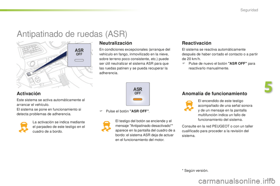 Peugeot 508 2016 Manual del propietario (in Spanish) 135
508_es_Chap05_securite_ed01-2016
Activación
Este sistema se activa automáticamente al
arrancar el vehículo.
El sistema se pone en funcionamiento si
detecta problemas de adherencia.La activaci Peugeot 508 2016 Manual del propietario (in Spanish) 135
508_es_Chap05_securite_ed01-2016
Activación
Este sistema se activa automáticamente al
arrancar el vehículo.
El sistema se pone en funcionamiento si
detecta problemas de adherencia.La activaci