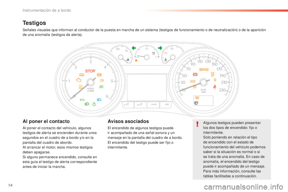 Peugeot 508 2016  Manual del propietario (in Spanish) 14
508_es_Chap01_instrument-bord_ed01-2016
Testigos
Señales visuales que informan al conductor de la puesta en marcha de un sistema (testigos de funcionamiento o de neutralización) o de la aparició