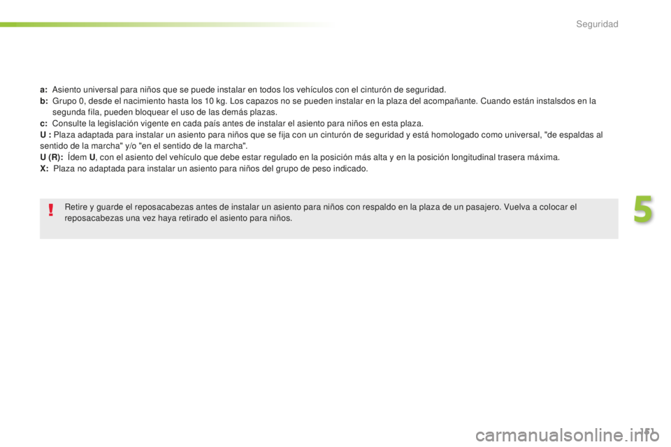 Peugeot 508 2016 Manual del propietario (in Spanish) 151
508_es_Chap05_securite_ed01-2016
a: Asiento universal para niños que se puede instalar en todos los vehículos con el cinturón de seguridad.
b: Gr
upo 0, desde el nacimiento hasta los 10 k g Peugeot 508 2016 Manual del propietario (in Spanish) 151
508_es_Chap05_securite_ed01-2016
a: Asiento universal para niños que se puede instalar en todos los vehículos con el cinturón de seguridad.
b: Gr
upo 0, desde el nacimiento hasta los 10 k g