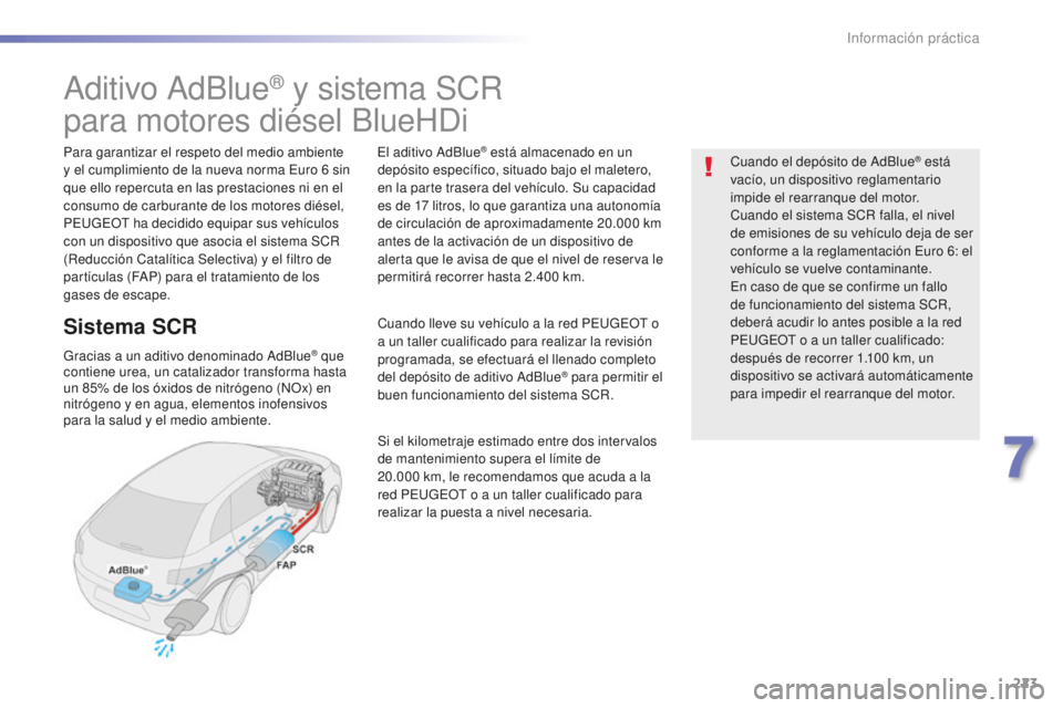 Peugeot 508 2016  Manual del propietario (in Spanish) 223
508_es_Chap07_info-pratiques_ed01-2016
Aditivo AdBlue® y sistema SCR
para motores diésel BlueHDi
Para garantizar el respeto del medio ambiente 
y el cumplimiento de la nueva norma Euro 6 s
in 
q