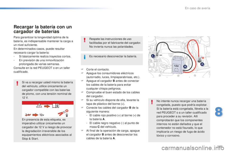 Peugeot 508 2016 Manual del propietario (in Spanish) 255
508_es_Chap08_en-cas-de-pannes_ed01-2016
Respete las instrucciones de uso
facilitadas por el fabricante del cargador.
No invierta nunca las polaridades.
Para garantizar la longevidad óptima de l Peugeot 508 2016 Manual del propietario (in Spanish) 255
508_es_Chap08_en-cas-de-pannes_ed01-2016
Respete las instrucciones de uso
facilitadas por el fabricante del cargador.
No invierta nunca las polaridades.
Para garantizar la longevidad óptima de l
